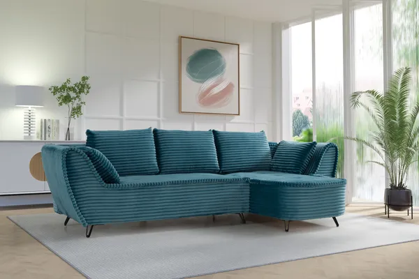 Niebieski narożnik z szerokiego sztruksu - zdjęcie produktu oraz wizualizacja wnętrza z realistycznym odwzorowaniem tkaniny